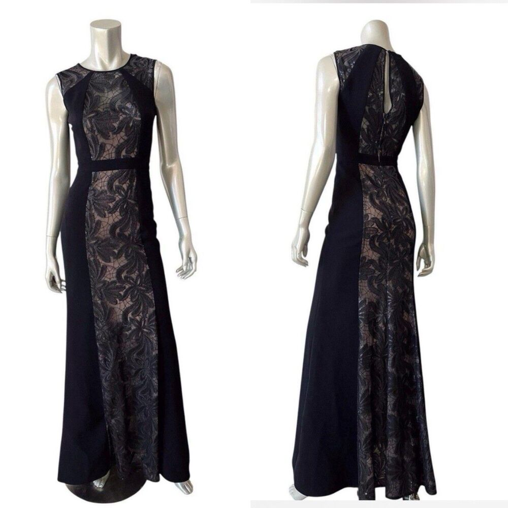 BCBG Maxazria Linden Leaf Embroidered Sequin Maxi Dress Size 2 Black Gown Prom